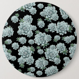 Mint Rosette Succulents Repeat Print on Black 6 Inch Round Button