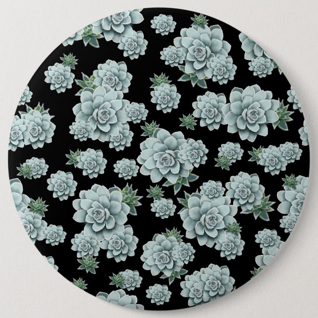 Mint Rosette Succulents Repeat Print on Black 6 Inch Round Button (Front)