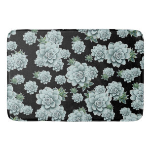 Mint Rosette Succulents Repeat Print on Black Bath Mat