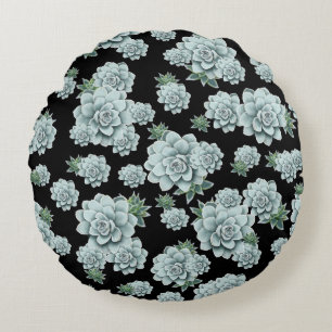Mint Rosette Succulents Repeat Print on Black Round Pillow