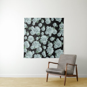 Mint Rosette Succulents Repeat Print on Black Tapestry