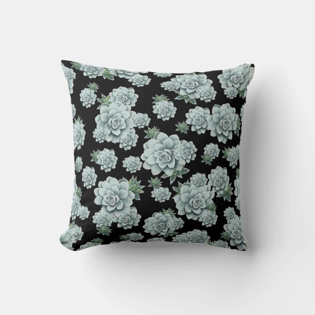Mint Rosette Succulents Repeat Print on Black Throw Pillow (Front)