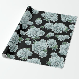 Mint Rosette Succulents Repeat Print on Black Wrapping Paper