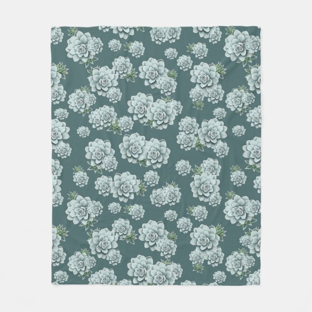 Mint Rosette Succulents Repeat Print on Pine Green Fleece Blanket (Front)