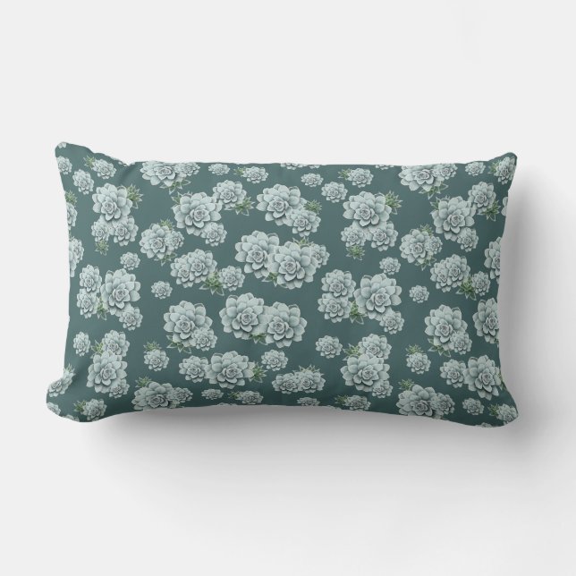 Mint Rosette Succulents Repeat Print on Pine Green Lumbar Pillow (Front)