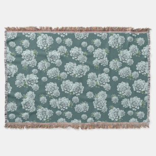 Mint Rosette Succulents Repeat Print on Pine Green Throw Blanket