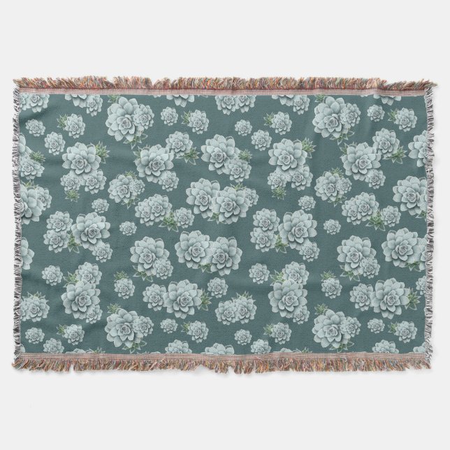 Mint Rosette Succulents Repeat Print on Pine Green Throw Blanket (Front)
