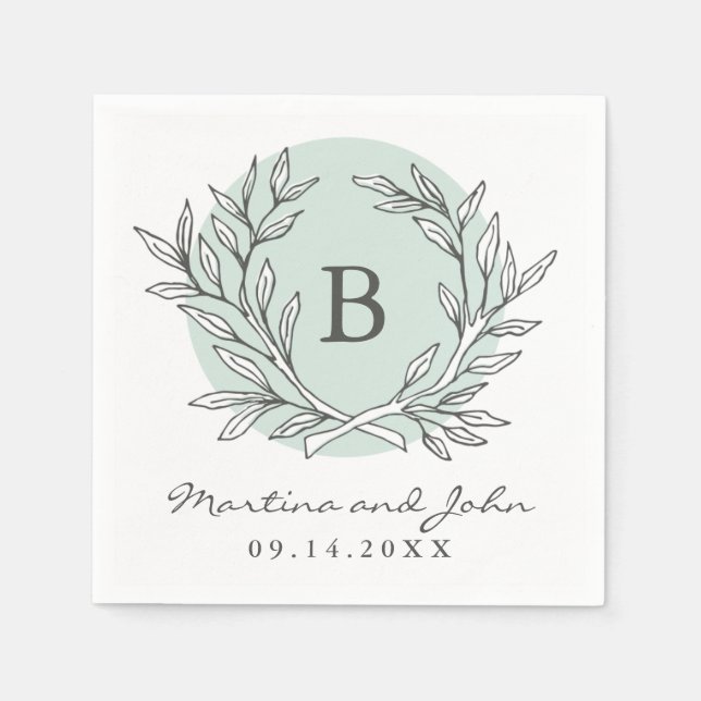 Mint Rustic Monogram Wreath Paper Cocktail Napkin (Front)