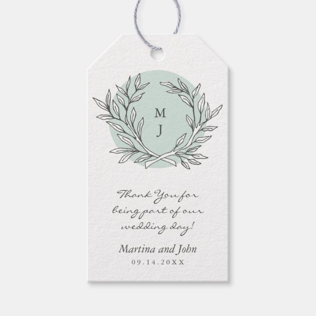 Mint Rustic Monogram Wreath Wedding Favour Tag (Front)