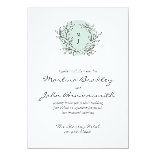 Mint Rustic Monogram Wreath Wedding Invitation