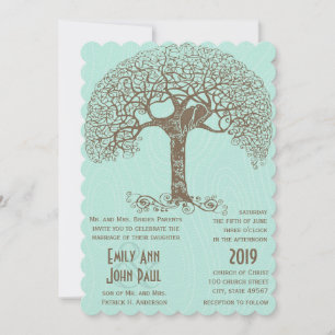 Mint Rustic Romantic Love Bird Swirly Tree Invitation