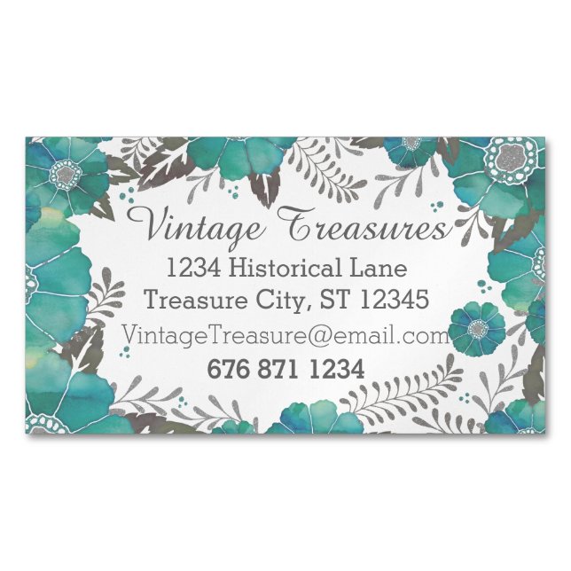Mint Rustic Watercolor Floral Pattern Magnetic Business Card (Front)