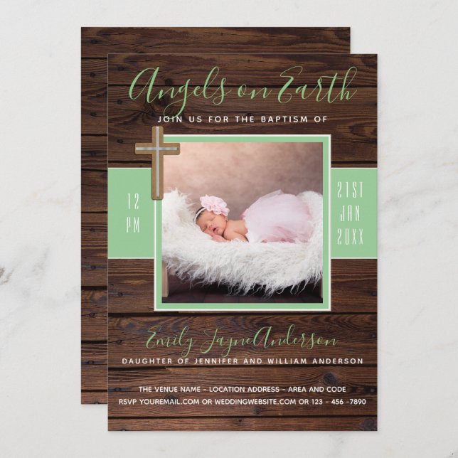 Mint rustique | PHOTO BAPTISM Invitation Elegant W (Devant / Derrière)