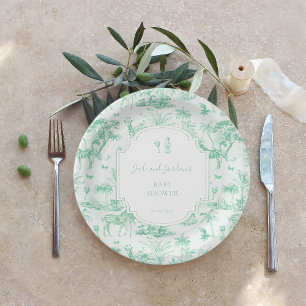 Mint Safari Toile de Jouy   Baby Shower Paper Plate
