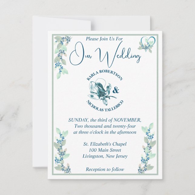 Mint, Sage, and White Floral Wedding Invitation (Front)