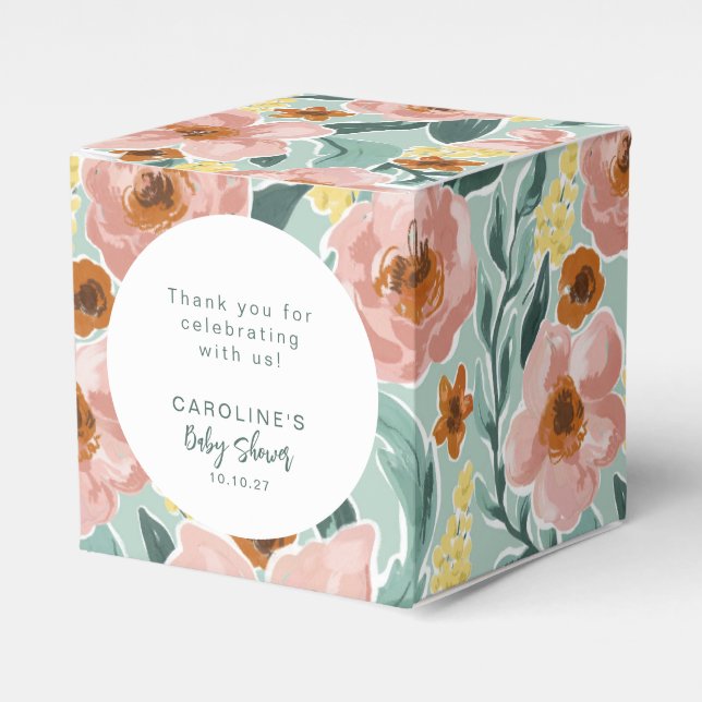Mint Sage Pink Floral Custom Baby Shower Thank You Favor Box (Front Side)