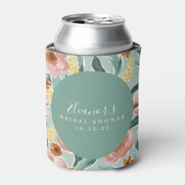 Mint Sage Pink Floral Script Bridal Shower Custom Can Cooler (Can Front)