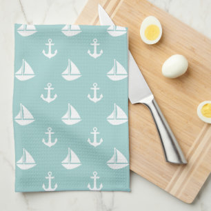 Mint Sailboats and Anchors Pattern Kitchen Towel