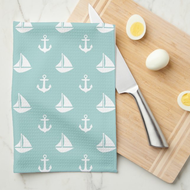Mint Sailboats and Anchors Pattern Kitchen Towel (Quarter Fold)
