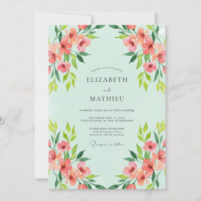Mint Salmon Wildflower Wedding Invitation (Front)
