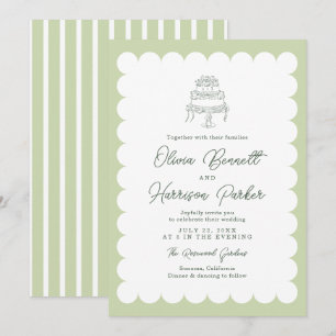 Mint Scalloped Romantic Cake Wedding Invitation