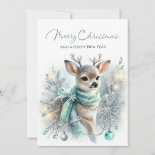 Mint Scarf Fawn & Candlelight Charm Holiday Card
