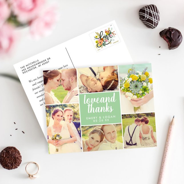 Mint Script Love and Thanks Photo Collage Postcard (Creator Uploaded)