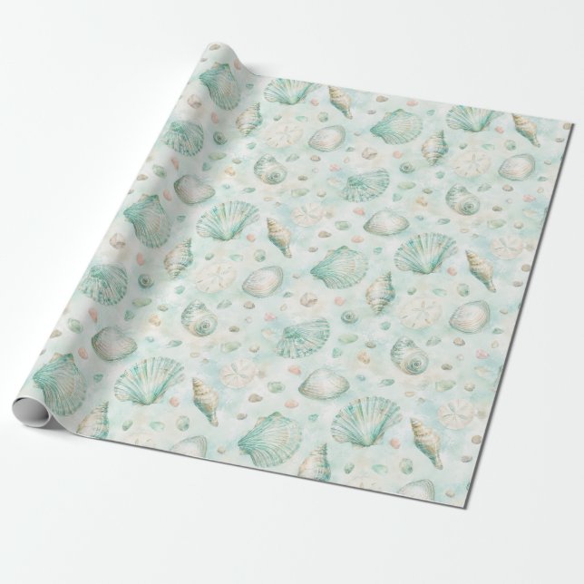 Mint Seashell Watercolor Ocean Pattern Gift Wrap (Unrolled)