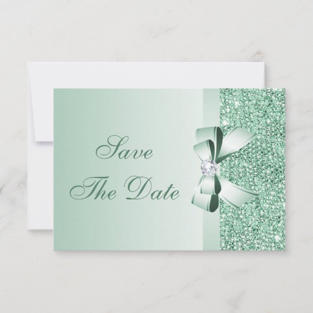 Mint Sequins, Bow & Diamond Save the Date Wedding (Front)