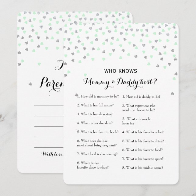 Mint Silver 2x Baby Shower Game- Advice | Who Know Invitation (Front/Back)