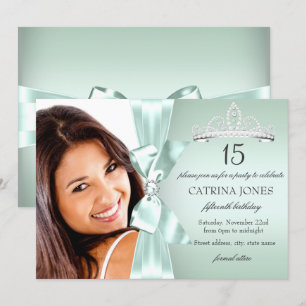 Mint Silver Diamond Bow & Tiara Quinceanera Invite
