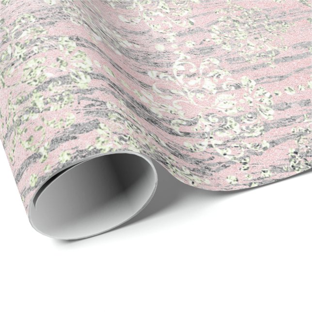 Mint Silver Foxier Pink Blush Damask Wood Rustic Wrapping Paper (Roll Corner)