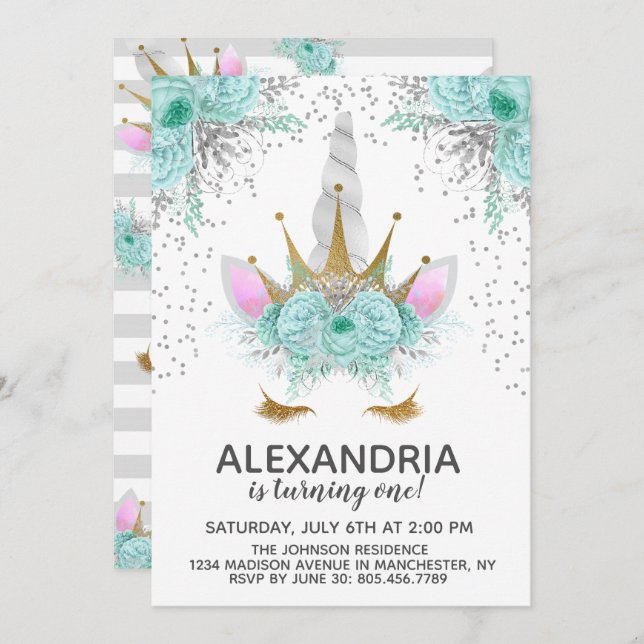 Mint, Silver & Gold Unicorn Princess Birthday Invitation (Front/Back)