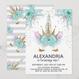 Mint, Silver & Gold Unicorn Princess Birthday Invitation