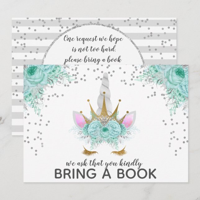 Mint, Silver & Gold Unicorn Princess Bring A Book Invitation (Front/Back)