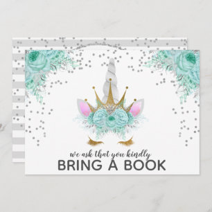 Mint, Silver & Gold Unicorn Princess Bring A Book Invitation