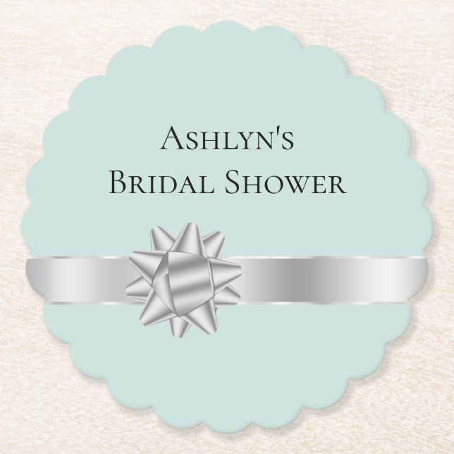 Mint Silver Ribbon Bow Bridal Shower Paper Coaster (Front)