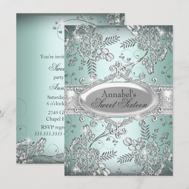 Mint Silver Sparkle Flower Sweet 16 Invite (Front/Back)