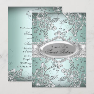 Mint Silver Sparkle Flower Sweet 16 Invite