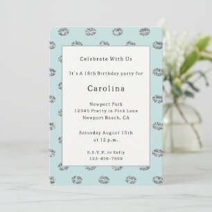 Mint Silver Sparkle Lips Birthday  Invitation