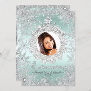 Mint Silver Tiara Snowflake Sparkle Quinceanera Invitation