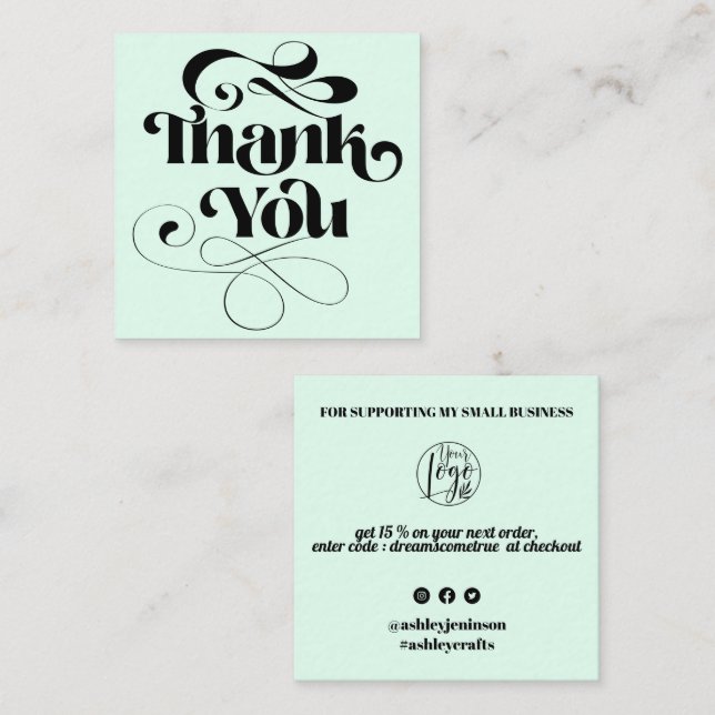 Mint simple cool retro script order thank you square business card (Front/Back)