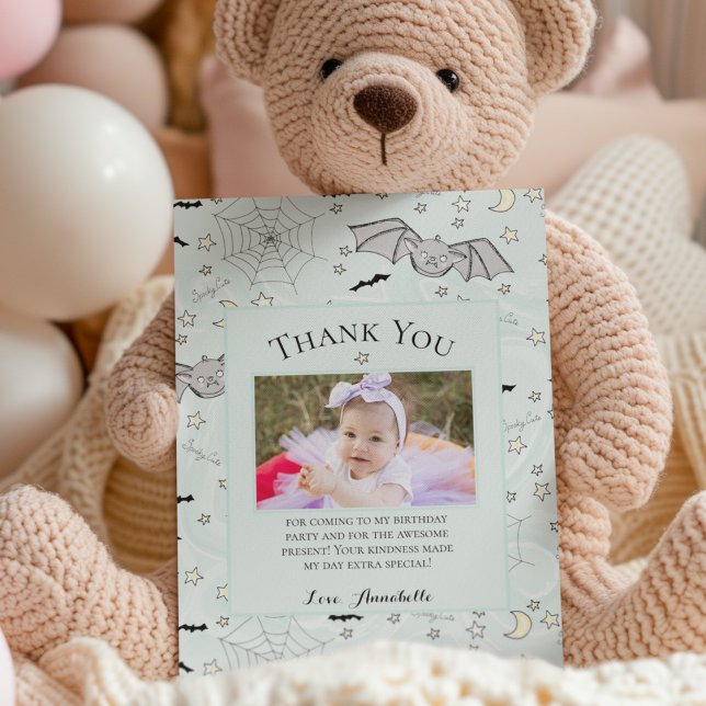 Mint Spooky Cute Baby Bat Halloween Thank You Card (Halloween Baby Shower Spooky Cute Bats Thank You Card in Pastel Mint. Baby Bats, Stars, Moons & Webs)