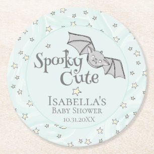 Mint Spooky Cute Baby Bat, Stars & Moons Round Paper Coaster