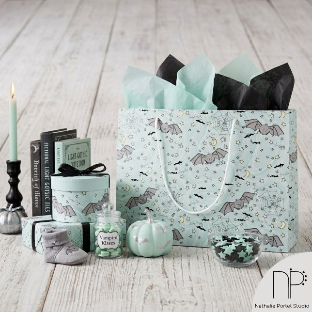 Mint Spooky Cute Bats Gift Bag (This Mint Spooky Cute Gift Bag features hand-drawn art for personalized gift packaging)