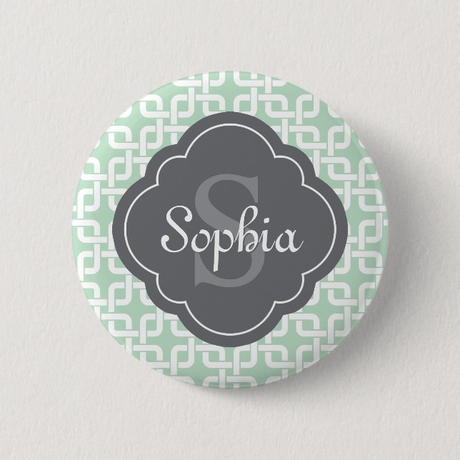 Mint Square Chain Pattern Grey Monogram 2 Inch Round Button (Front)
