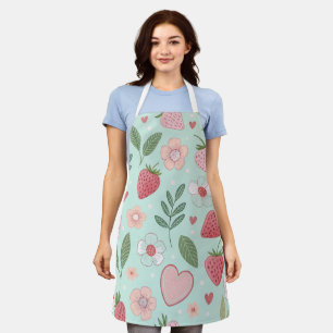 Mint Strawberry Pattern All-Over Print Apron