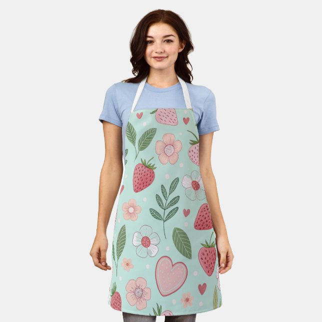 Mint Strawberry Pattern All-Over Print Apron (Worn)