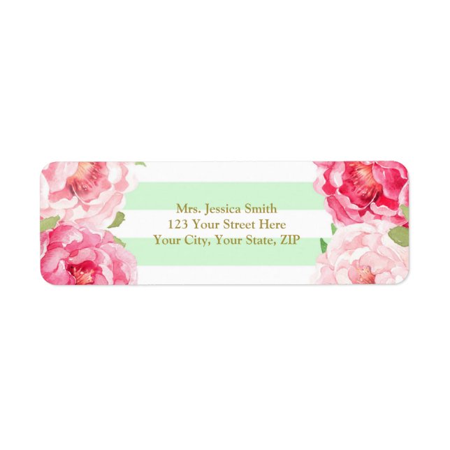 Mint Stripe Gold Pink Floral Return Address Label (Front)