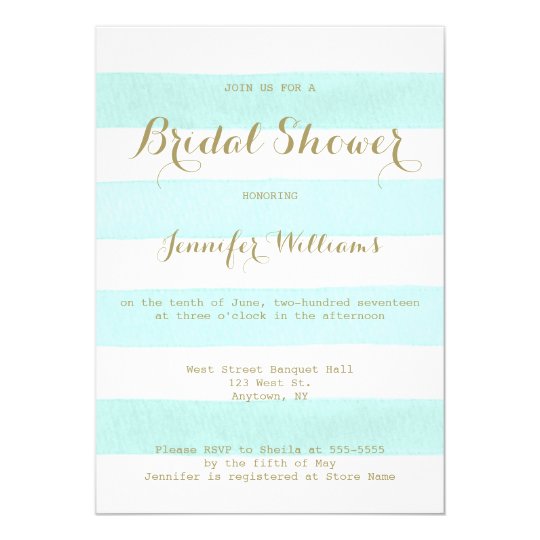 Mint stripe gold script bridal shower invitations